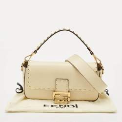 Pre Owned Fendi Cream Leather Medium Studded Baguette Bag