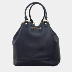 Fendi Dark Blue Leather Karligraphy Chain Medium Bucket Bag