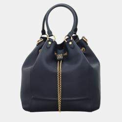 Fendi Dark Blue Leather Karligraphy Chain Medium Bucket Bag