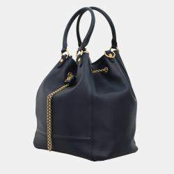 Fendi Dark Blue Leather Karligraphy Chain Medium Bucket Bag