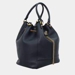 Fendi Dark Blue Leather Karligraphy Chain Medium Bucket Bag