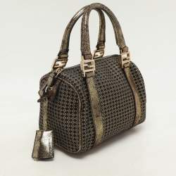 Fendi Black/Gold Zucchino Jacquard and Leather Boston Bag