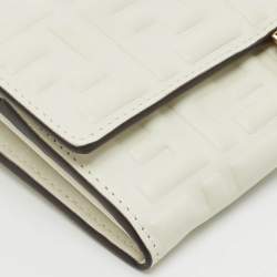 Pre Owned Fendi White Zucca Embossed Leather Baguette Wallet On Chain