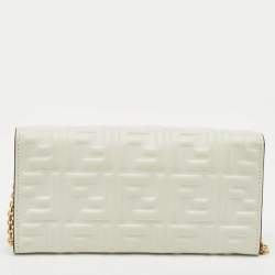 Pre Owned Fendi White Zucca Embossed Leather Baguette Wallet On Chain