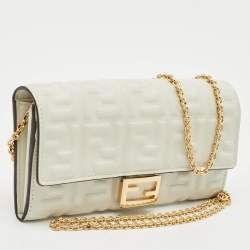 Pre Owned Fendi White Zucca Embossed Leather Baguette Wallet On Chain