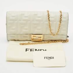 Pre Owned Fendi White Zucca Embossed Leather Baguette Wallet On Chain