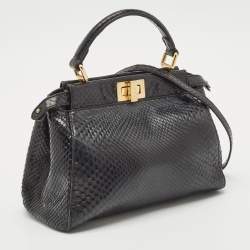 Pre Owned Fendi Black Python Mini Peekaboo Top Handle Bag