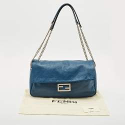 Pre Owned Fendi Blue Leather Large Baguette Chain Shoulder Bag