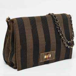 Pre Owned Fendi Tobacco Pequin Stripe Canvas Large Claudia Shoulder Bag