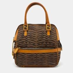 Fendi Tan/Dark Brown Canvas and Leather Vintage Zip Satchel