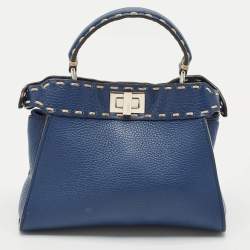 Fendi Navy Blue Selleria Leather Mini Peekaboo Top Handle Bag