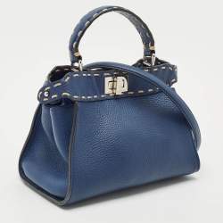 Fendi Navy Blue Selleria Leather Mini Peekaboo Top Handle Bag