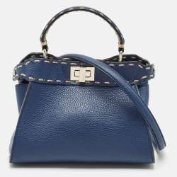 Fendi Navy Blue Selleria Leather Mini Peekaboo Top Handle Bag