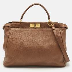 Pre Owned Fendi Bronze Selleria Leather Large Peekaboo Top Handle Bag