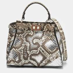 Fendi Brown/Silver Selleria Python Mini Peekaboo Top Handle Bag