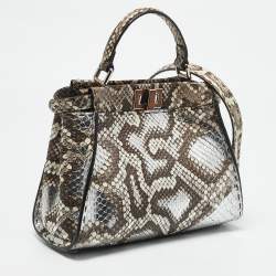 Fendi Brown/Silver Selleria Python Mini Peekaboo Top Handle Bag