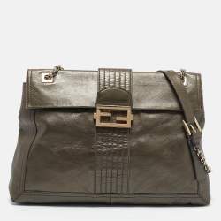 Fendi Metallic Leather Maxi Baguette Flap Shoulder Bag