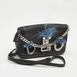 Fendi Black Leather and Fox Fur Micro Buggie Crossbody Bag