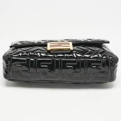Fendi Black FF Embossed Patent Leather Medium Baguette Bag