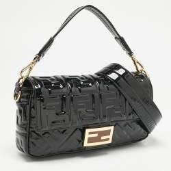 Fendi Black FF Embossed Patent Leather Medium Baguette Bag