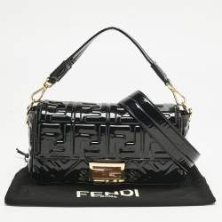 Fendi Black FF Embossed Patent Leather Medium Baguette Bag