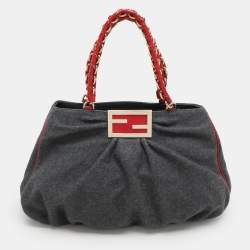 Fendi Grey/Red Wool and Patent Leather Large Mia Tote