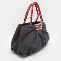 Fendi Grey/Red Wool and Patent Leather Large Mia Tote