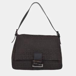 Fendi Black Brown Zucchino Canvas Mamma Baguette Shoulder Bag