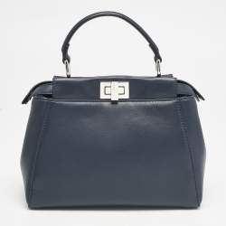 Fendi Navy Blue Leather Mini Peekaboo Top Handle Bag