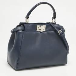 Fendi Navy Blue Leather Mini Peekaboo Top Handle Bag