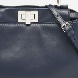 Fendi Navy Blue Leather Mini Peekaboo Top Handle Bag