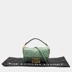 Fendi Green FF Logo Embossed Leather Mini Baguette Bag