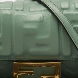 Fendi Green FF Logo Embossed Leather Mini Baguette Bag