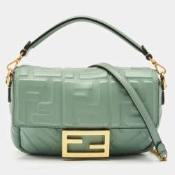 Fendi Green FF Logo Embossed Leather Mini Baguette Bag