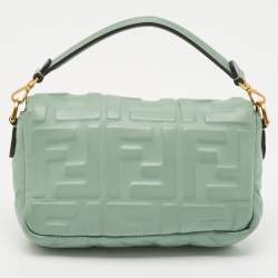 Fendi Green FF Logo Embossed Leather Mini Baguette Bag