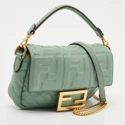 Fendi Green FF Logo Embossed Leather Mini Baguette Bag