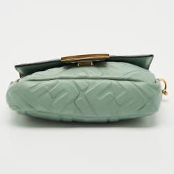 Fendi Green FF Logo Embossed Leather Mini Baguette Bag