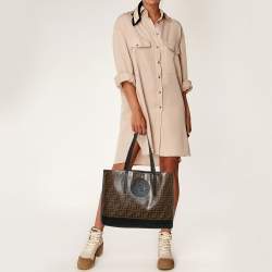 Fendi Brown/Black Zucca Coated Canvas and Leather FF 1974 Stamp Patch Shopper Tote
