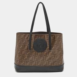 Fendi Brown/Black Zucca Coated Canvas and Leather FF 1974 Stamp Patch Shopper Tote