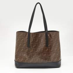 Fendi Brown/Black Zucca Coated Canvas and Leather FF 1974 Stamp Patch Shopper Tote