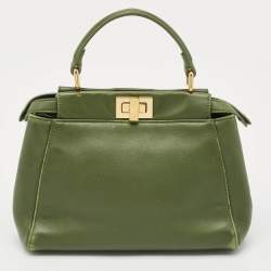 Fendi Olive Green Leather Mini Peekaboo Top Handle Bag