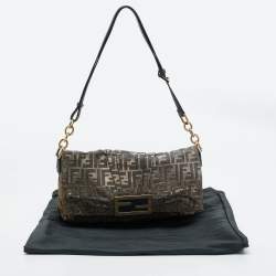 Pre Owned Fendi Silver/Gold Zucca Lurex Fabric and Leather Large Mia Flap Bag