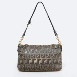 Pre Owned Fendi Silver/Gold Zucca Lurex Fabric and Leather Large Mia Flap Bag