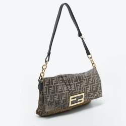 Pre Owned Fendi Silver/Gold Zucca Lurex Fabric and Leather Large Mia Flap Bag