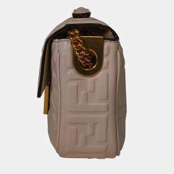 Fendi Baguette FF Beige Nappa Embossed Midi Chain Bag