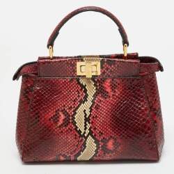 Fendi Red/Beige Python Mini Peekaboo Top Handle Bag