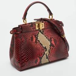 Fendi Red/Beige Python Mini Peekaboo Top Handle Bag