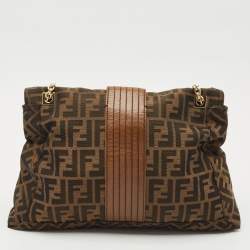 Fendi Tobacco Zucca Canvas and Leather Maxi Baguette Flap Shoulder Bag