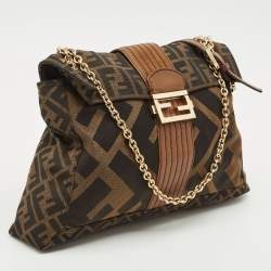 Fendi Tobacco Zucca Canvas and Leather Maxi Baguette Flap Shoulder Bag