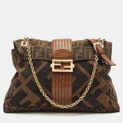 Fendi Tobacco Zucca Canvas and Leather Maxi Baguette Flap Shoulder Bag